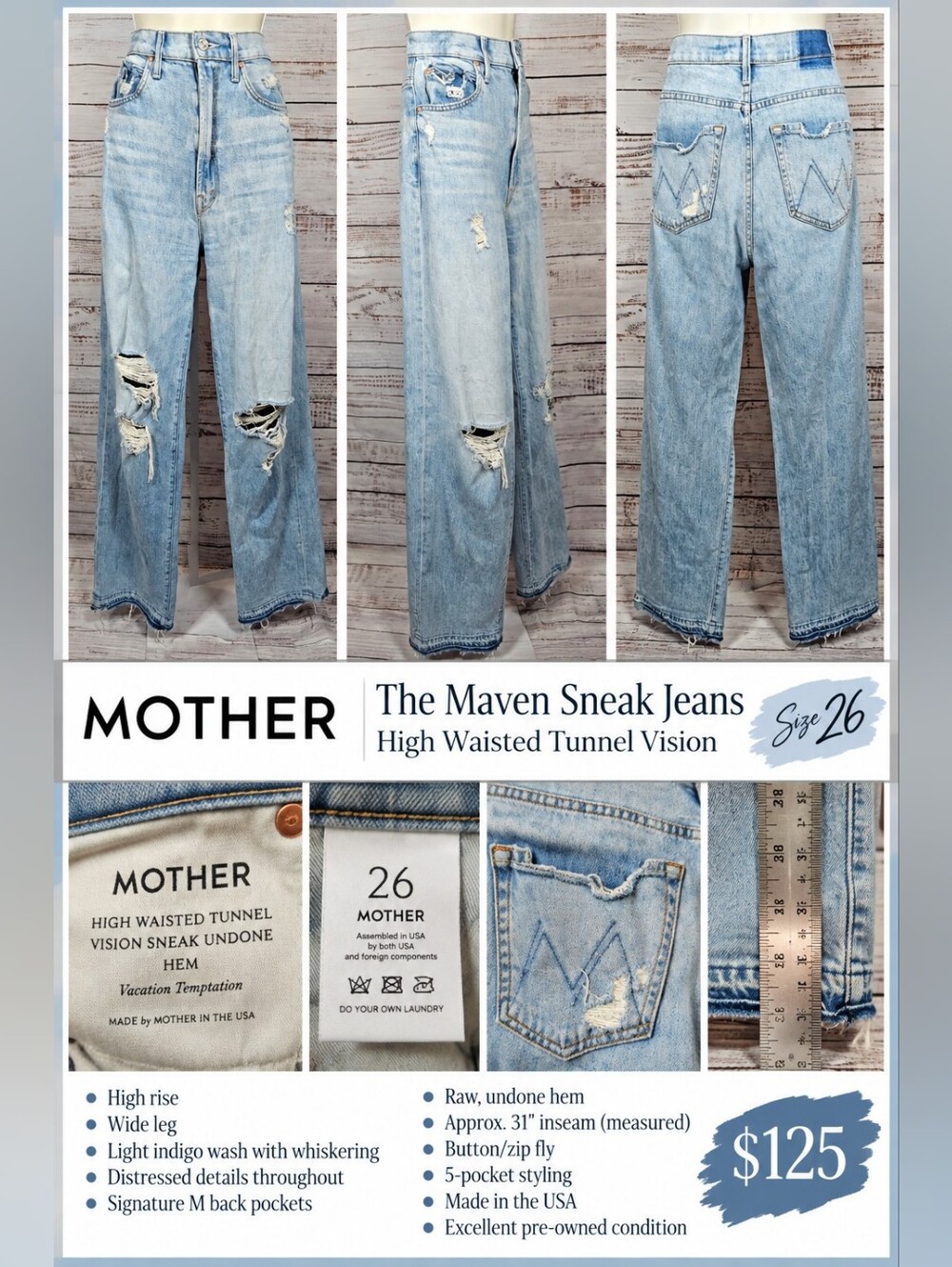 MOTHER The Maven Sneak High Rise Wide Leg Jeans Size 26 Vacation Temptation